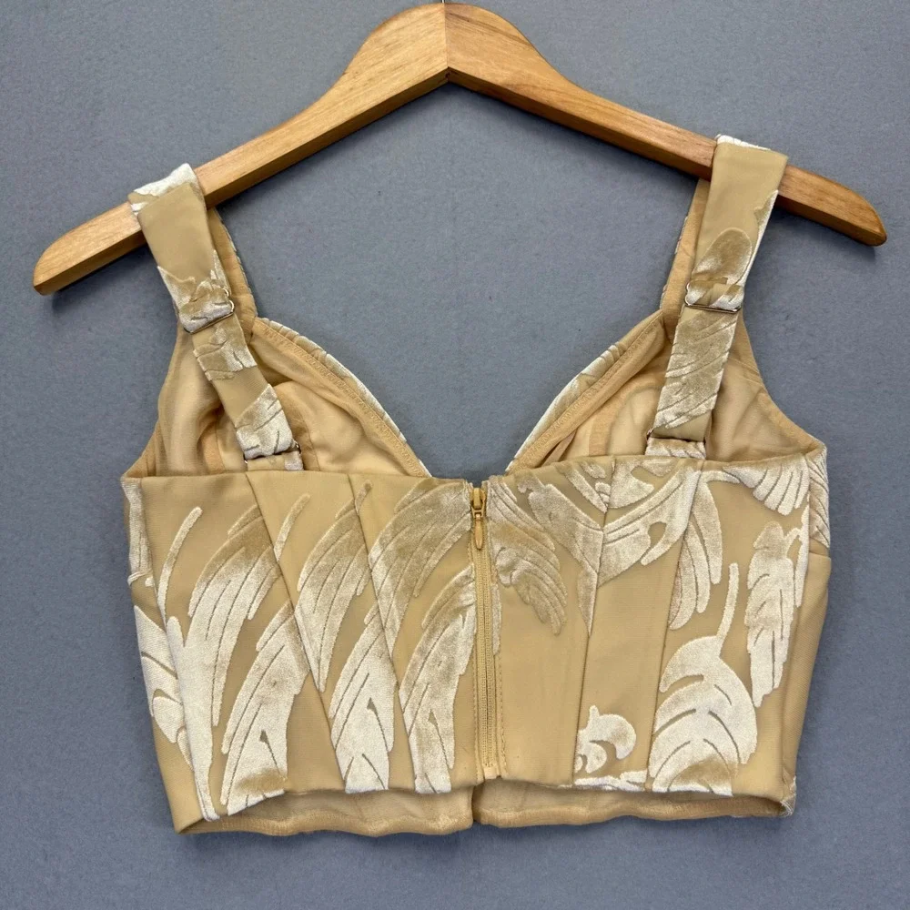 Oh Polly Womens US 0 Nude Velvet Burnout Leaf Corset Crop Top‎ Adjustable Straps
